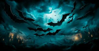 molti pipistrelli volante nel il buio notte, festivo notte di il morto, Halloween - ai generato Immagine foto