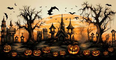 avvicinamento di lavorato Halloween zucche, cupo festivo sfondo - ai generato Immagine foto