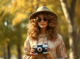 bellissimo femmina autunno donna con telecamera nel parco foto