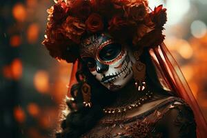 un' donna nel un' zucchero cranio attrezzatura con colorato fiori foto