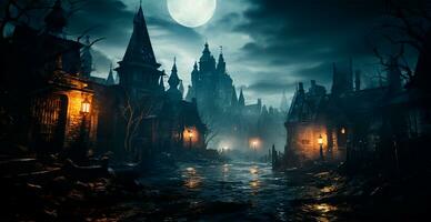 raccapricciante notte nel buio medievale castello, pauroso atmosfera per Halloween vacanza sfondo concetto - ai generato Immagine foto