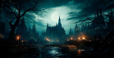 raccapricciante notte nel buio medievale castello, pauroso atmosfera per Halloween vacanza sfondo concetto - ai generato Immagine foto