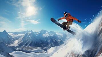 uomo nel sciare occhiali cavalcate un' Snowboard a partire dal un' nevoso montagna foto