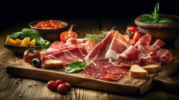 affettato prosciutto su un' di legno asse, ai generato foto