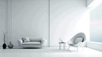 un' moderno minimalista interno vuoto bianca colore parete sfondo, con un' elegante e elegante poltrona , ai generato foto