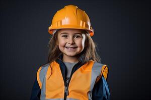 ritratto di un' sorridente poco ragazza nel un' costruzione casco ai generato foto