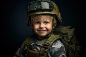 ritratto di un' carino poco ragazzo nel militare uniforme su buio sfondo ai generato foto