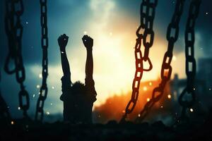 silhouette di un' uomo con sollevato mani contro il sfondo di un' catena. umano diritti giorno foto