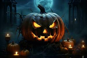 Halloween zucca testa Jack lanterna con candele su buio sfondo. Halloween concetto ai generato foto
