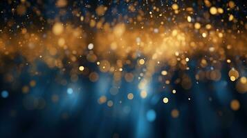 astratto sfondo con buio blu e oro particella. Natale d'oro leggero brillare particelle bokeh su Marina Militare blu sfondo ai generativo foto