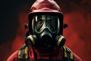 ritratto di pompiere indossare protettivo facciale maschera rosso uniforme ai generativo foto