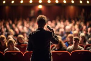 indietro foto di un' altoparlante con microfono nel davanti di pubblico. commedia musica e Teatro vivere prestazione ai generativo