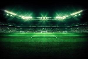 verde calcio campo, luminosa stadio faretti, buio sfondo ai generativo foto