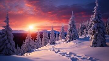 inverno paesaggio sfondo con pino foresta coperto con neve e panoramico cielo a tramonto. nevoso abete albero nel bellezza natura scenario ai generativo foto