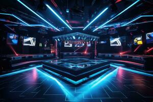 3d interpretazione di un' futuristico buio camera con neon luci. futuristico sfondo, un' elegante moderno discoteca ambientazione con un' elegante modalità, ai generato foto