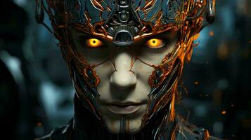 il viso di un' cyborg robot uomo, un' miscela di umano e computer artificiale intelligenza. ai generato foto