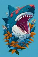 un' dettagliato illustrazione di un' squalo per un' maglietta disegno, sfondo, moda foto