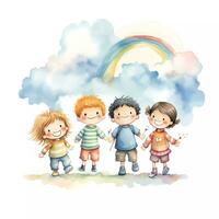 impostato di contento bambini giocando insieme sotto arcobaleno. contento figli di giorno. amicizia tema. acquerello stile foto