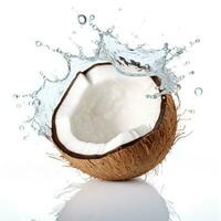 fresco Noce di cocco nel acqua spruzzo su bianca indietro. succoso frutta. generativo ai foto
