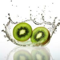 fresco Kiwi nel acqua spruzzo su bianca indietro. succoso frutta. generativo ai foto