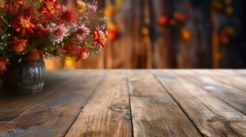 vuoto Schermo scena di legno tavolo con fiori, copia spazio modello generativo ai foto