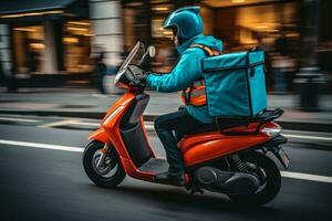 città Corriere su scooter cibo consegna generativo ai foto