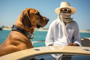 sceicco con il suo cane riposo su un' yacht nel mare generativo ai foto