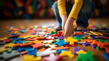 bambino su il pavimento raccoglie colorato puzzle autismo spettro disturbo generativo ai foto