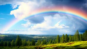 colorato arcobaleno al di sopra di il foresta generativo ai foto