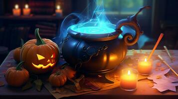 strega calderone con spumeggiante pozione, candele su sinistro sfondo, Halloween. ai generativo foto