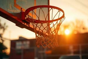 pallacanestro cestino contro il sfondo di il sera arancia sole generativo ai foto