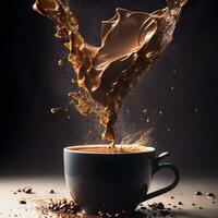foto un' tazza di caffè con caffè fagioli e un' nero sfondo ai generativo