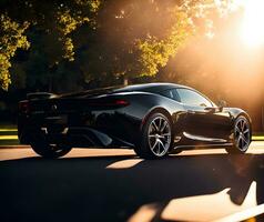 foto di elegante nero auto parcheggiata nel il strada ai generativo