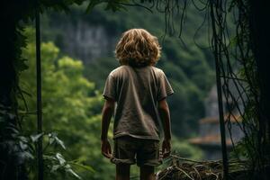 ragazzo a piedi nel il foresta indietro Visualizza generativo ai foto