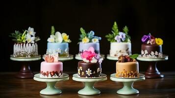 miniatura cioccolato torte, decorato con commestibile fiori. generativo ai foto