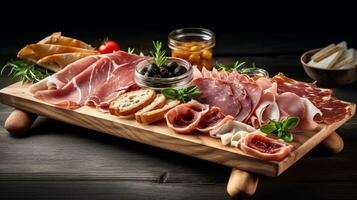 affettato prosciutto su un' di legno asse, ai generato foto