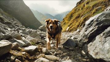 un' coraggioso ricerca e salvare cane navigazione attraverso aspro terreno per trova un' mancante persona, ai generato foto
