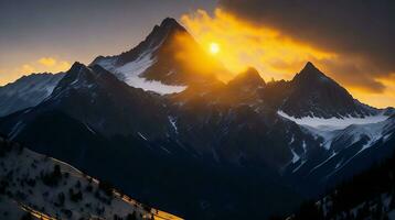 bellissimo tramonto nel il montagne. panorama di il Caucaso montagne. ai generativo foto