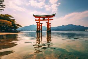 il famoso galleggiante torii cancello nel Giappone. ai generato foto