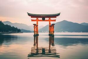 il famoso galleggiante torii cancello nel Giappone. ai generato foto