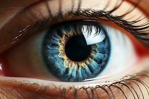umano occhio con blu colore nel estremo vicino su sparo. ai generato foto