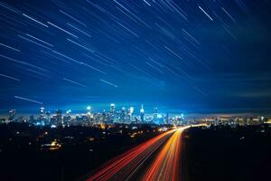 città notte raggiante strada paesaggio su otturatore velocità generativo ai foto