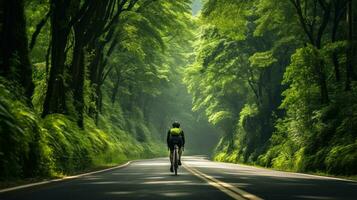 ciclista cavalcate su un' autostrada circondato di verde foreste generativo ai foto