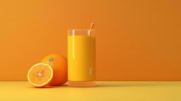 creativo disposizione fatto a partire dal fresco arancia frutta e un' bicchiere di arancia succo su un' pastello arancia sfondo. generativo ai foto