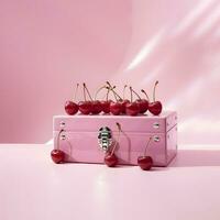 rosa retrò stile valigia, fresco succoso ciliegie su esso, creativo frutta concetto foto