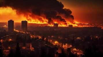 fuoco vicino entro il città. Fumo e odore inquinare generativo ai. foto