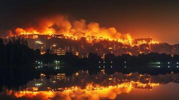 fuoco vicino entro il città. Fumo e odore inquinare generativo ai. foto