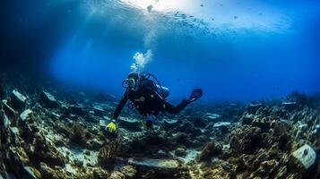 un' tuffatore pulisce il oceano di plastica. autorespiratore tuffatore sotto il mare. generativo ai foto