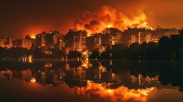 fuoco vicino entro il città. Fumo e odore inquinare generativo ai. foto