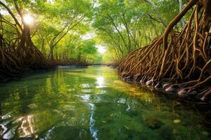 pittoresco fiume paesaggio con lussureggiante mangrovia alberi foto